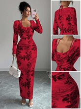 Blue and Floral Print Halter Neck Dress SlimFitting Bodycon