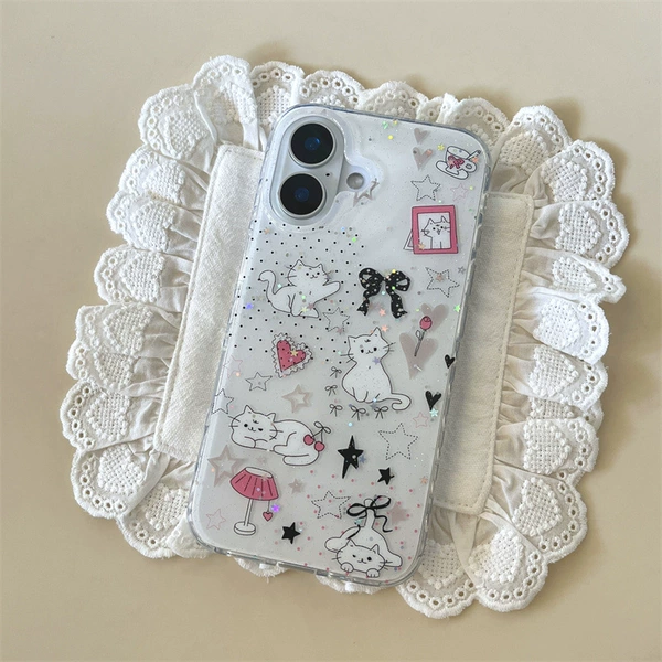 Glitter Star Black Bow White Cat Single Shell