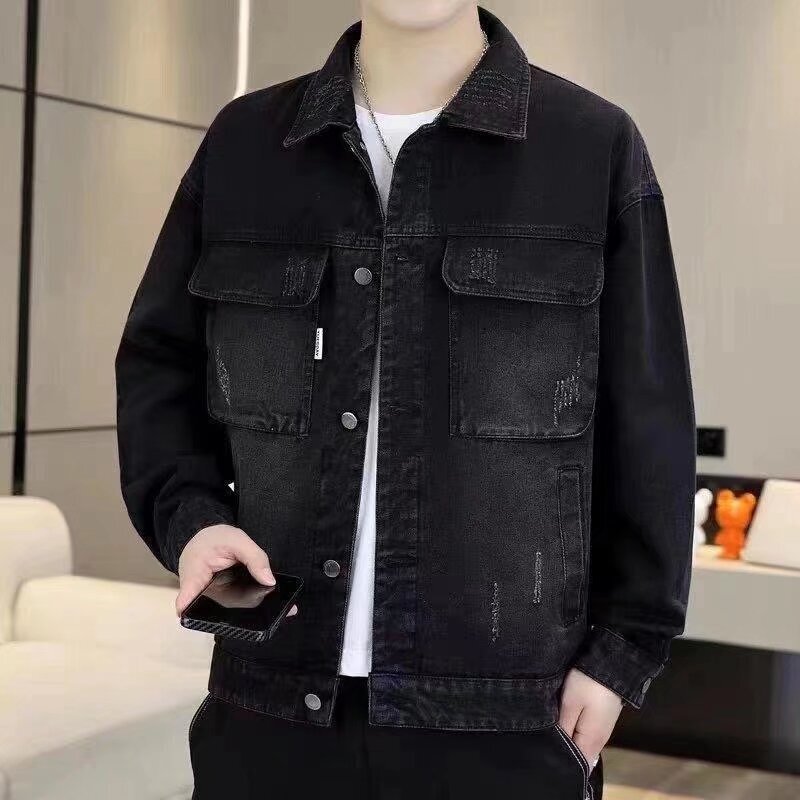 Denim coat men's spring and autumn 2024 new solid color American washed jacket fashion lapel student autumn coat Denim coat men's spring and autumn 2024 new solid color American washed jacket fashion lapel student autumn coat