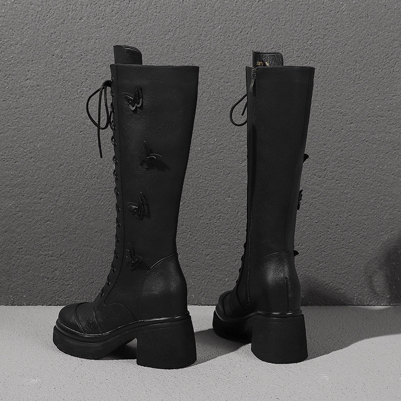 Boot nữ cổ cao dây buộc phong cách cổ điển, gót 10 cm — Nhung kaki đậm chi tiết 12