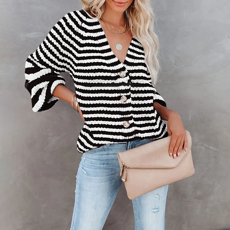 2021 Autumn and Winter New Striped Sweater  Large Size Loose and Idle Brown Single-Breasted V-neck Cardigan Sweater in Cardigans