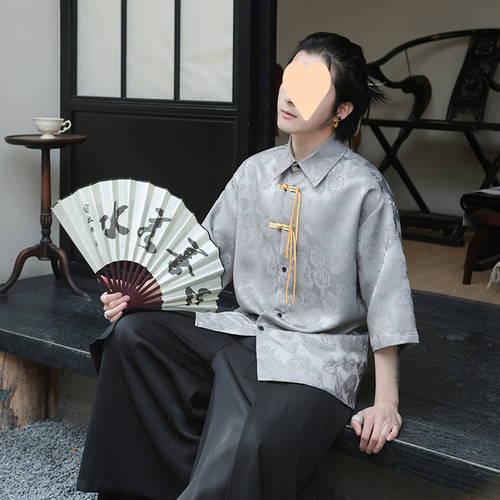 Chinese-style summer embroidered ice silk half-sleeve lapel-fastener collared shirt for men, modified Tang suit-style loose plus-size outerwear shirt