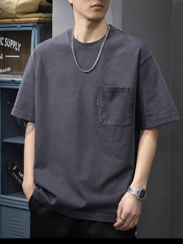 2025アメリカの重いポンドの半袖のtシャツの男性の高密なねじの襟元は水洗いします。|undefined