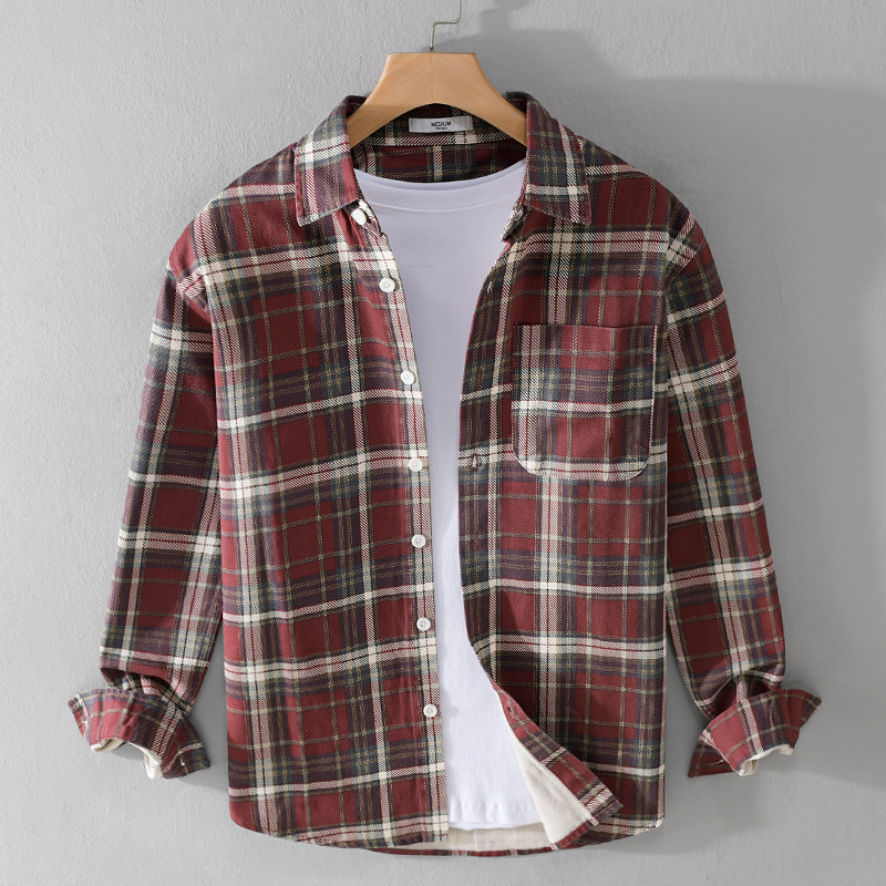 Yarn-Dyed Flannel Plaid Long-Sleeved Shirt for Men 2024 Spring New Year Red Pure Cotton Casual Shirt Trendy