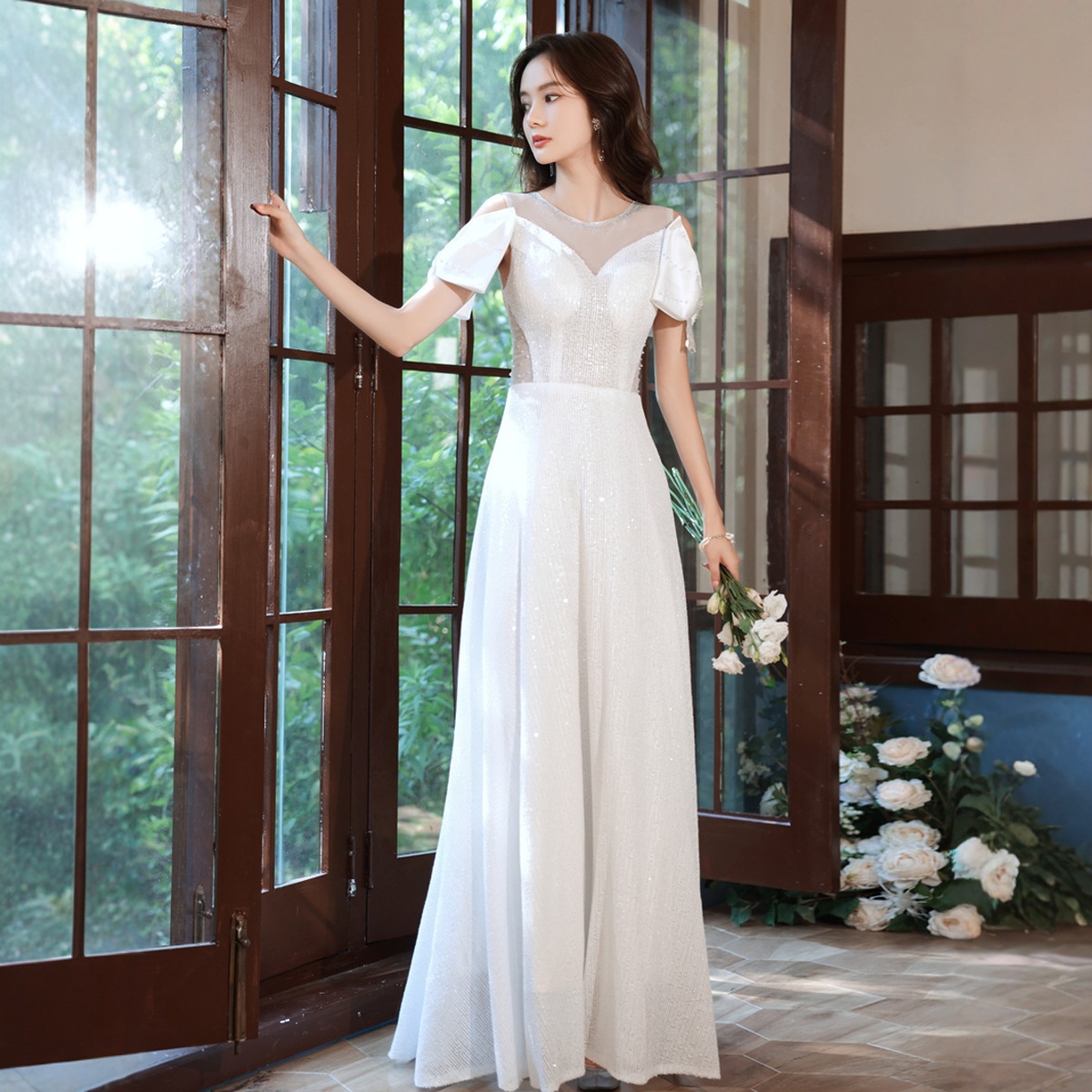 화이트 스팽글 서스펜더 보우 슬리브