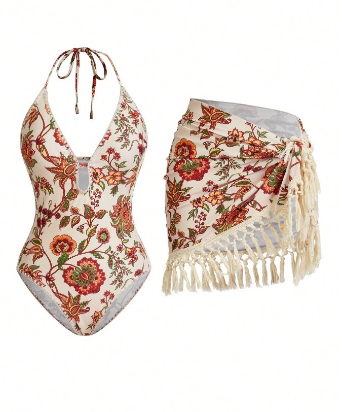 Sexy Bikini-Set mit tiefem V-Ausschnitt, kurzem Rock und Quasten – einteiliger Badeanzug für Damen. Genießen Sie die Bewegungsfreiheit._voghion.com