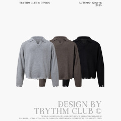 TRYTHMCLUB 老钱风高级v领纹肌理针织潮流破洞男女同款毛衣