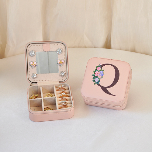 Portable mirror style PU printed letter storage box earring ear cuff ring box jewelry box wholesale packaging box