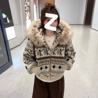 复古费尔岛提花外套女冬季大毛领连帽短款加厚民族风保暖上衣