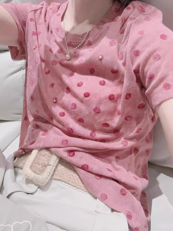 时尚简约休闲慵懒风粉色波点上衣女2025夏季软糯宽松薄款短袖T恤|undefined