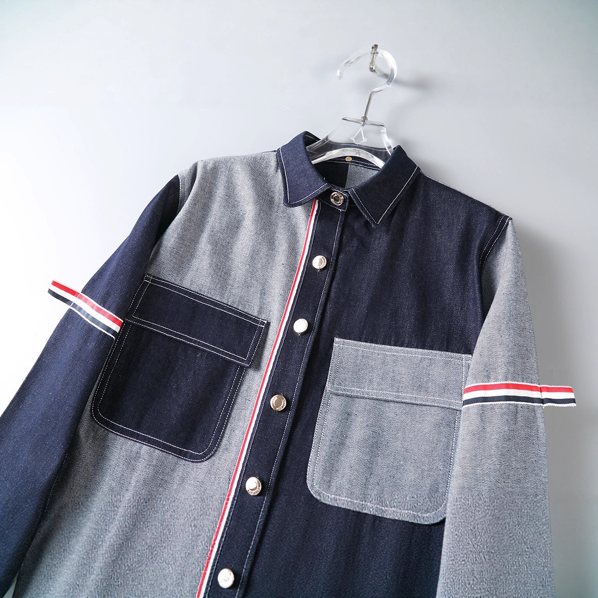 tb Jl Spring And Autumn Wide-Fit Patchwork Denim Shirt, Fashionable Trendy Double-Sleeve Ribbon Vintage Loose_voghion.com