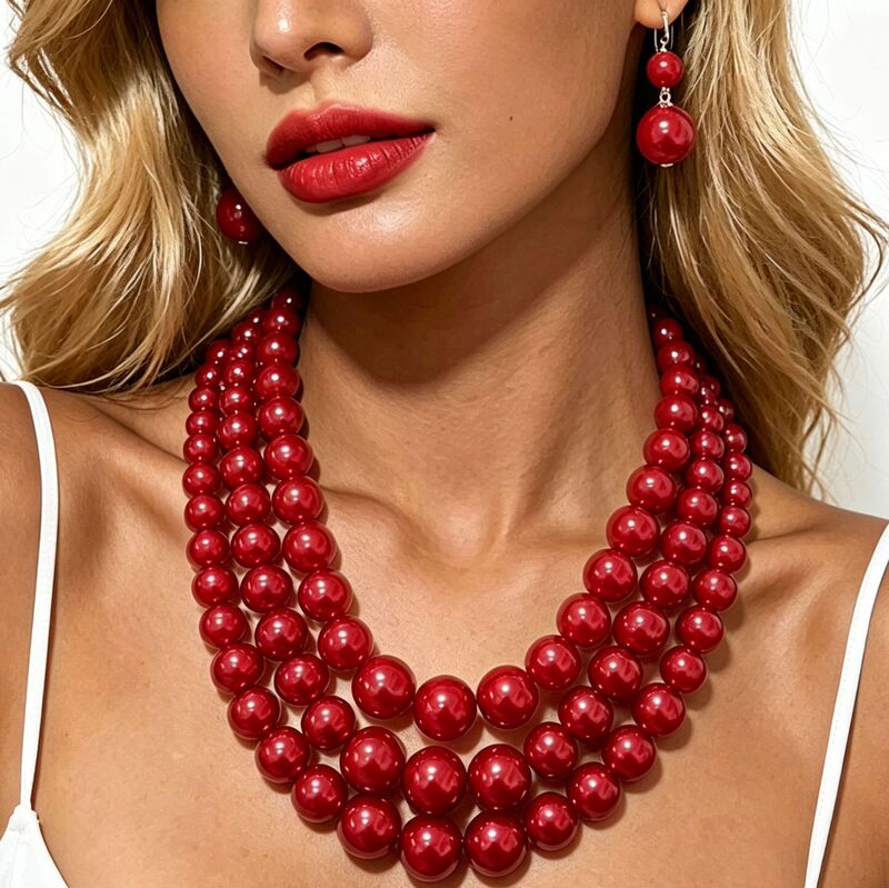 Red Pearl Multi-Layer Necklace and Earring Set for Women, Retro Elegant Dress Accessories, Niche High-End Accessories Wholesale Red Pearl Multi-Layer Necklace and Earring Set for Women, Retro Elegant Dress Accessories, Niche High-End Accessories Wholesale