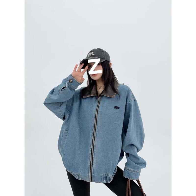 American Retro Washed Distressed Lapel Carhartt Denim Jacket Men's Spring & Fall Loose Simple Work Jacket Blue