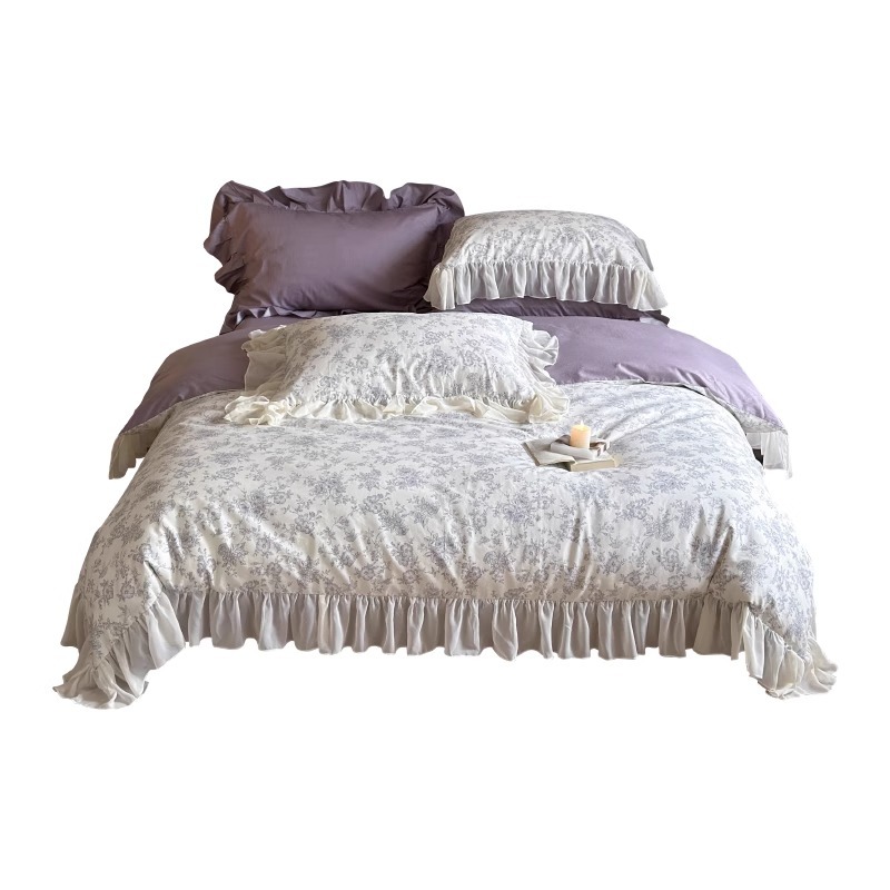 Conjunto de cama de quatro peças em algodão macio com estampa floral, estilo vintage boho francês nórdico, com capa de edredom e borda com babados._voghion.com