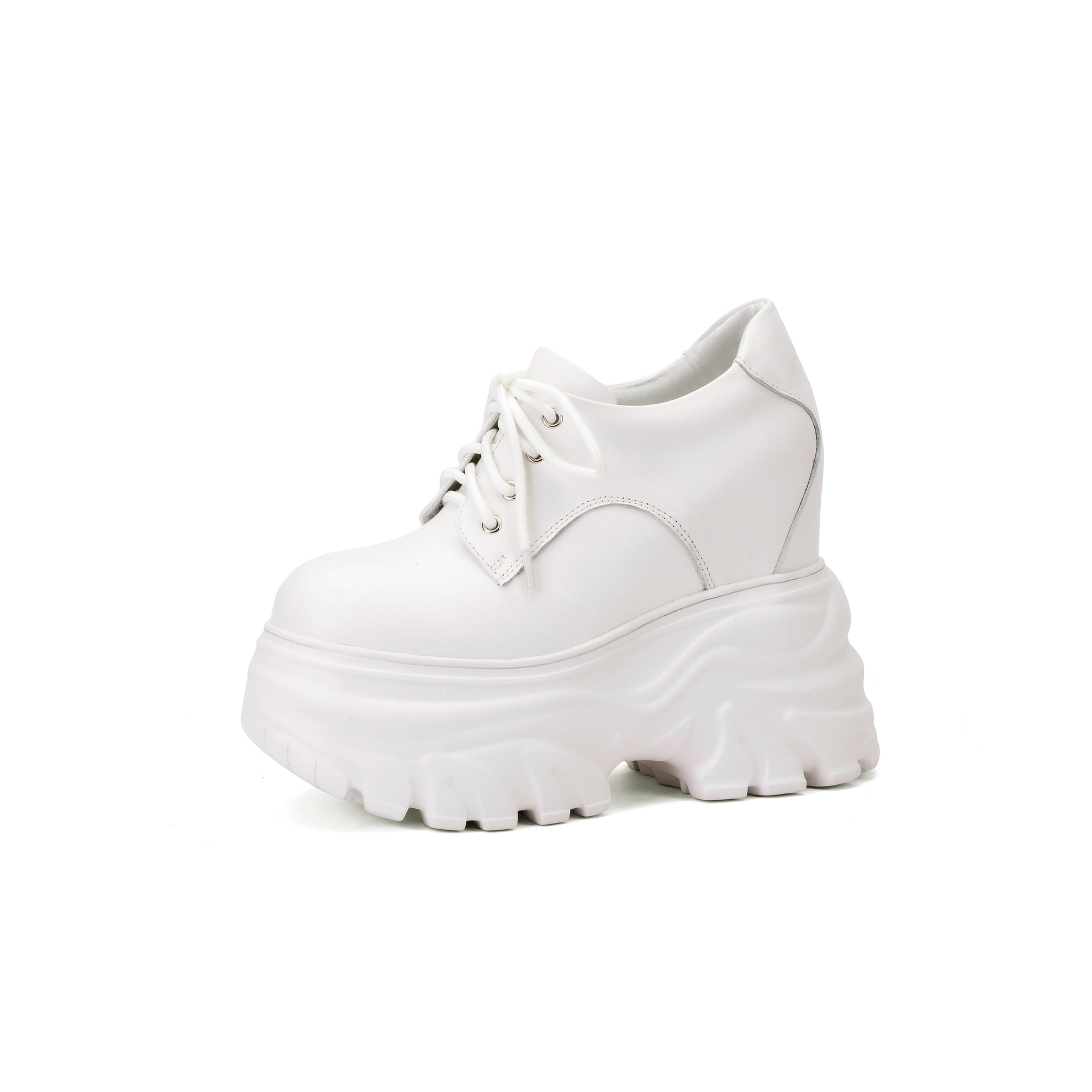 Giày sneaker nữ đế dày tăng chiều cao 12cm dây buộc da thật — Màu đen