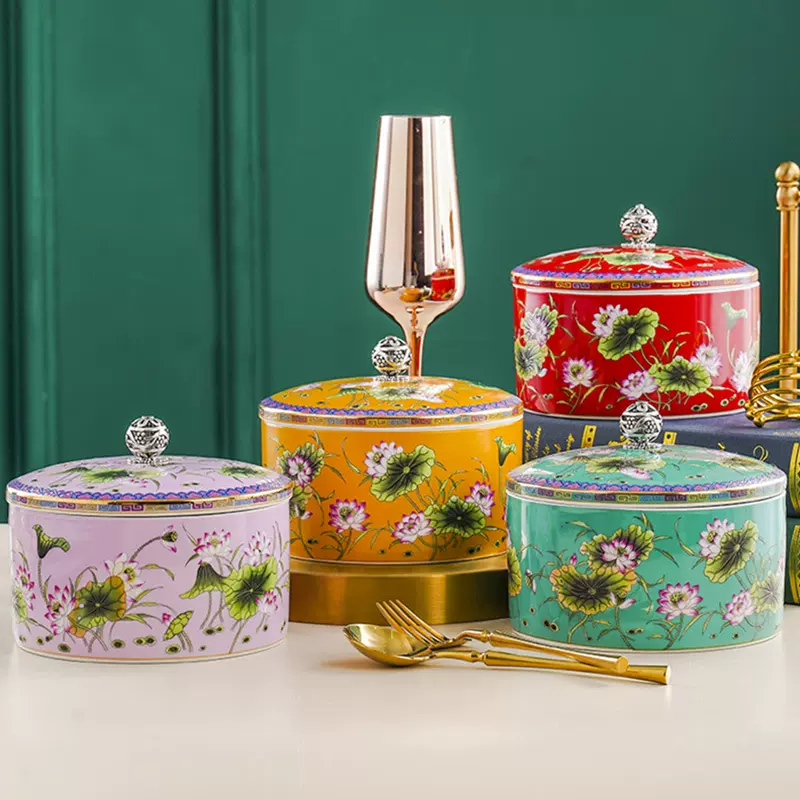 景德镇陶瓷茶叶罐中式珐琅彩荷花普洱茶饼储物罐茶室爱茶人士礼物