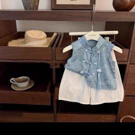 女童中国风套装夏款女童背心上衣+阔腿裤两件套3-8岁童装一件代发