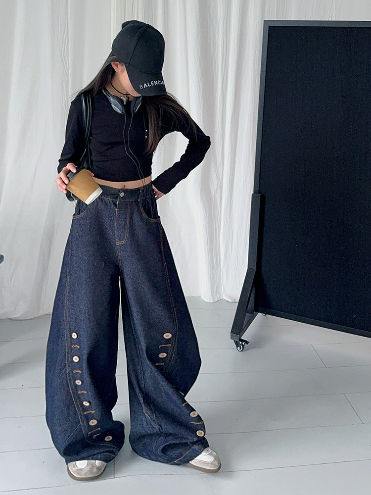 Men's Clothing Buttoned Scimitar Jeans Vintage Button-Fly Curved Hem Jeans For Kids - Soft Denim Stretch Comfort Fit (120-170cm, Unisex)_mkmklike.com