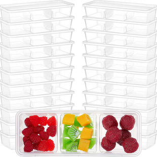 25Pcs Three-Compartment Reusable Long Japanese-Style Plastic Salad Box with Lid 500ml Lunch Box Sauce Box