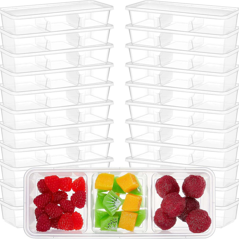 25Pcs Three-Compartment Reusable Long Japanese-Style Plastic Salad Box with Lid 500ml Lunch Box Sauce Box 25Pcs Three-Compartment Reusable Long Japanese-Style Plastic Salad Box with Lid 500ml Lunch Box Sauce Box