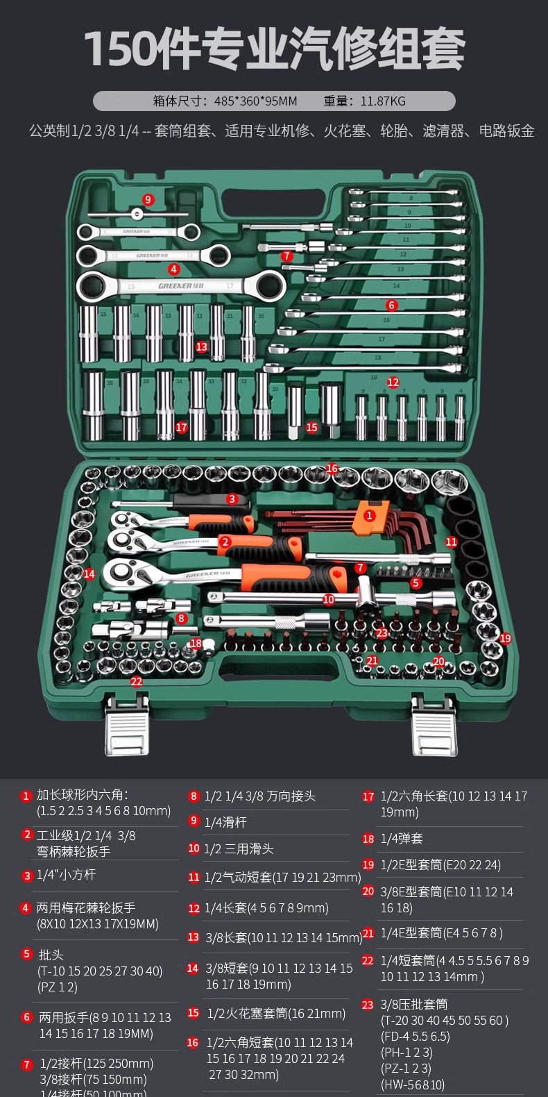 Suitable for Green Forest Auto Repair Tool Set, Socket Wrench, Ratchet, Car Repair Combination Tool Box, Multi-Function