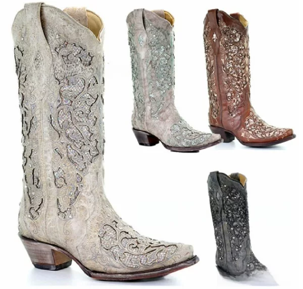 Replace With: Women's Leather Boots with Rhinestones, Hollow-Out Floral Design, High Boots X176