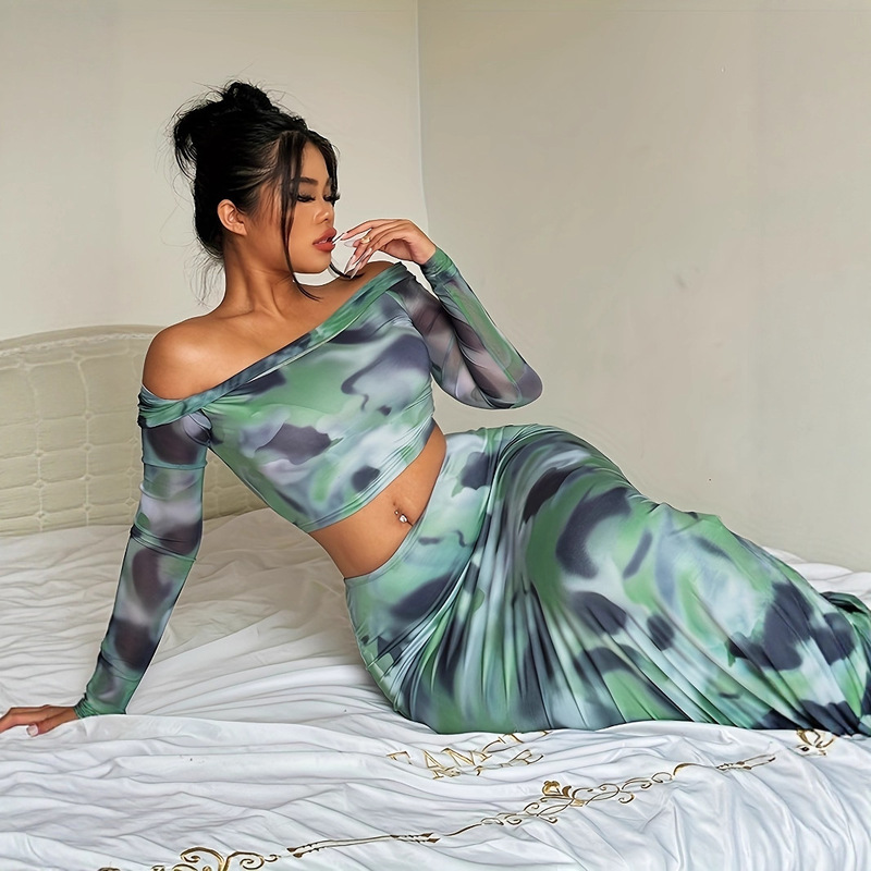 Cross-Border European and American Spring and Summer New Women's Fashion One-Line Collar Autum Long-Sleeved T-Shirt Slim Hip-Covering Skirt Suit