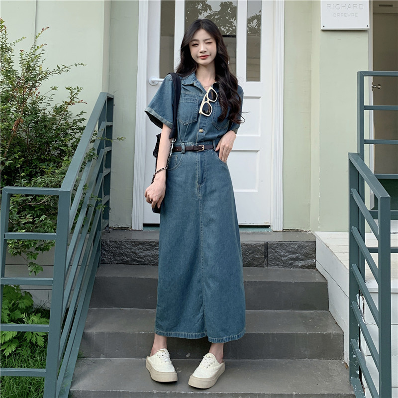 POLO领牛仔茶歇法式桔梗港味复古chic感气质收腰显瘦连衣裙女夏季