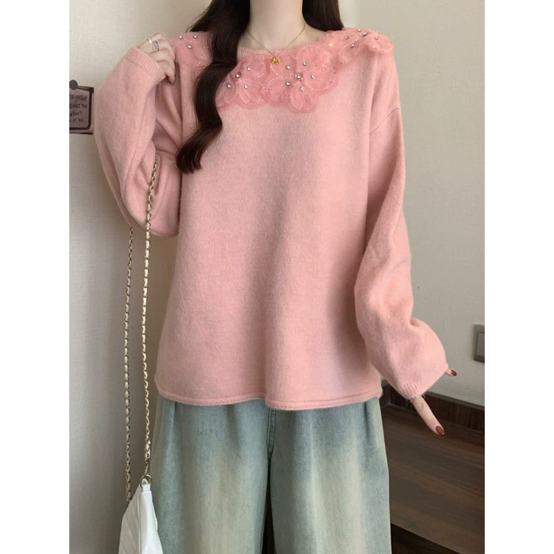 Fuchsia three dimensional beading needle, autumn sweater, flowered, plus size, loose fit