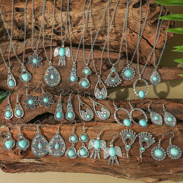 Amazon's Best-Selling Bohemian Earrings Turquoise Retro Ethnic Style Earrings Necklace Set Decoration Yiwu
