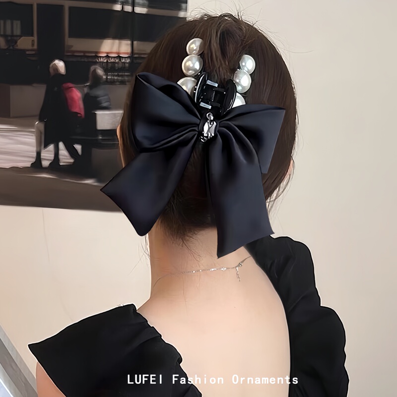 パールブラックリボンリボンクリップ女性のための 2025 新しいサメクリップ後頭部ヘアピンヘアアクセサリー|undefined