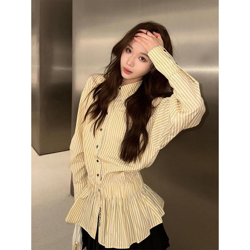 American Preppy Style Complete Set of Women's Retro Stripesd Long-Sleeved Shirts, Jk Pleated Skirts, Cool High-End Suits