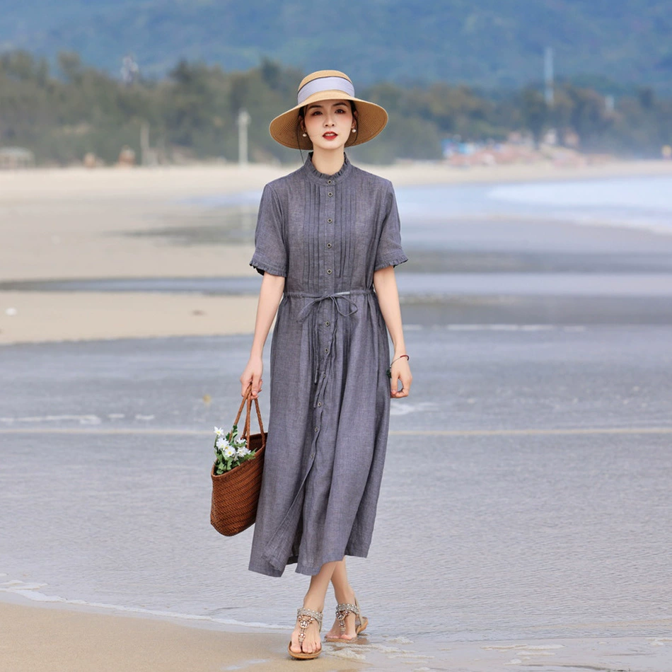 2025 новая женская литературная льняная смесь трикотажное длинное платье темперамент средний рукав деревянный рукав