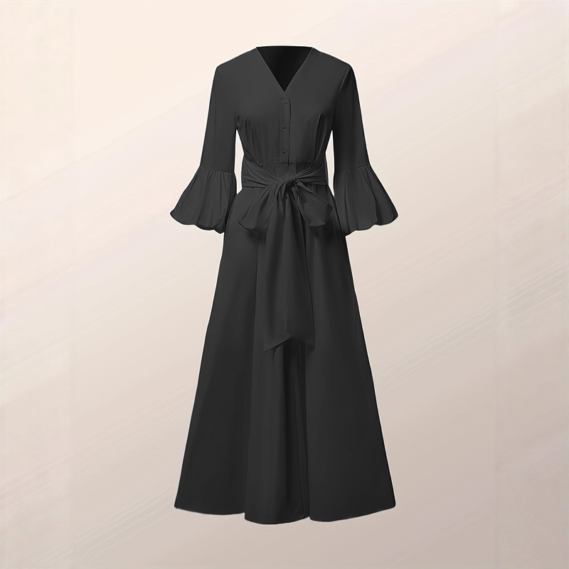 Black V-Neck Belt Slimming Dress Cross-Border Plus Size Spring and Autumn European and American Women's Clothing Retro Casual Long-Sleeved Dress