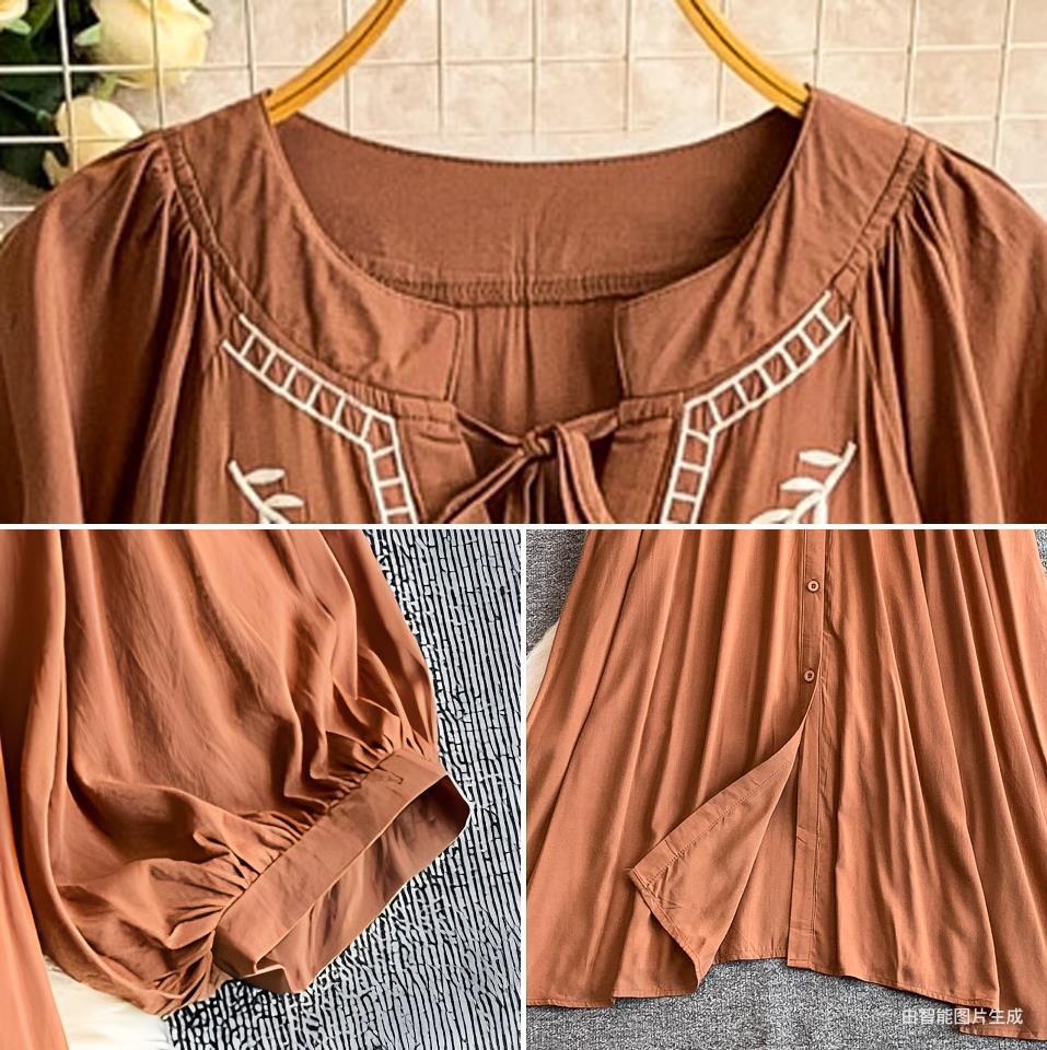 Women's Relaxed Elegant Tie Neck Lantern Sleeve Dress Summer Loose Fit Flattering Slimming Retro Embroidered Long Dress_ecoleips.com