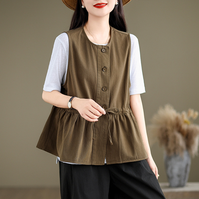 Real Shot of 2025 Summer Cotton Vest Jacket for Women, Loose Slimming Look Round Neck, Age-Reducing Drawstring Ruffled Sleeveless Top