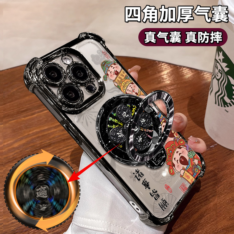 Apple 16 透明携帯電話ケース 13pro 電気メッキ落下防止 15 ジャイロ スタンド 14 に適した富の神|undefined