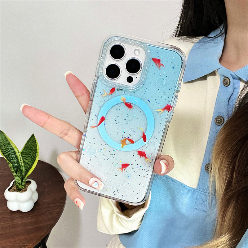 Is viento gradiente lentejuelas koi para iPhone16ProMax/15 funda para teléfono móvil 360 soporte magnético 14P femenino