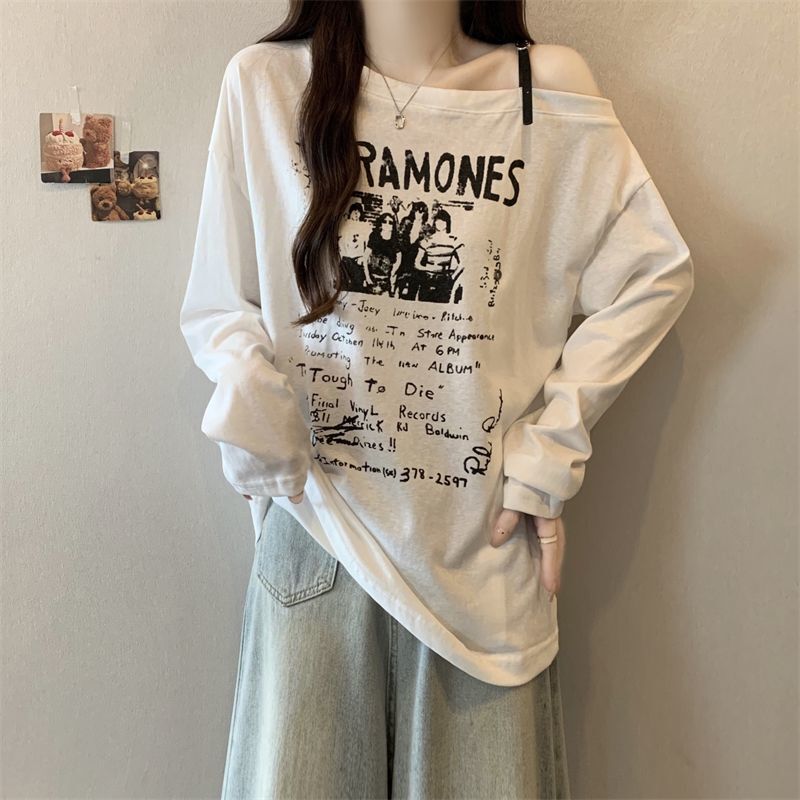 大码美式斜肩字母印花长袖t恤女秋季2025新款宽松显瘦百搭上衣女|undefined