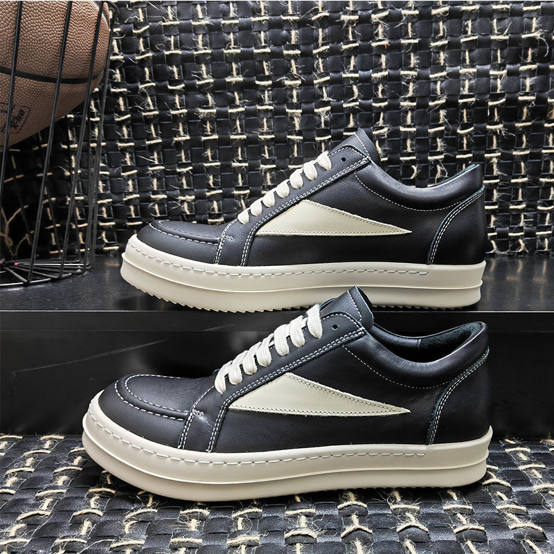 European and American Style Guangzhou Rricowees Men's Low-Top Nappa Leather Black and White Lace-Up Sneakers Height-Increasing Trendy Brand