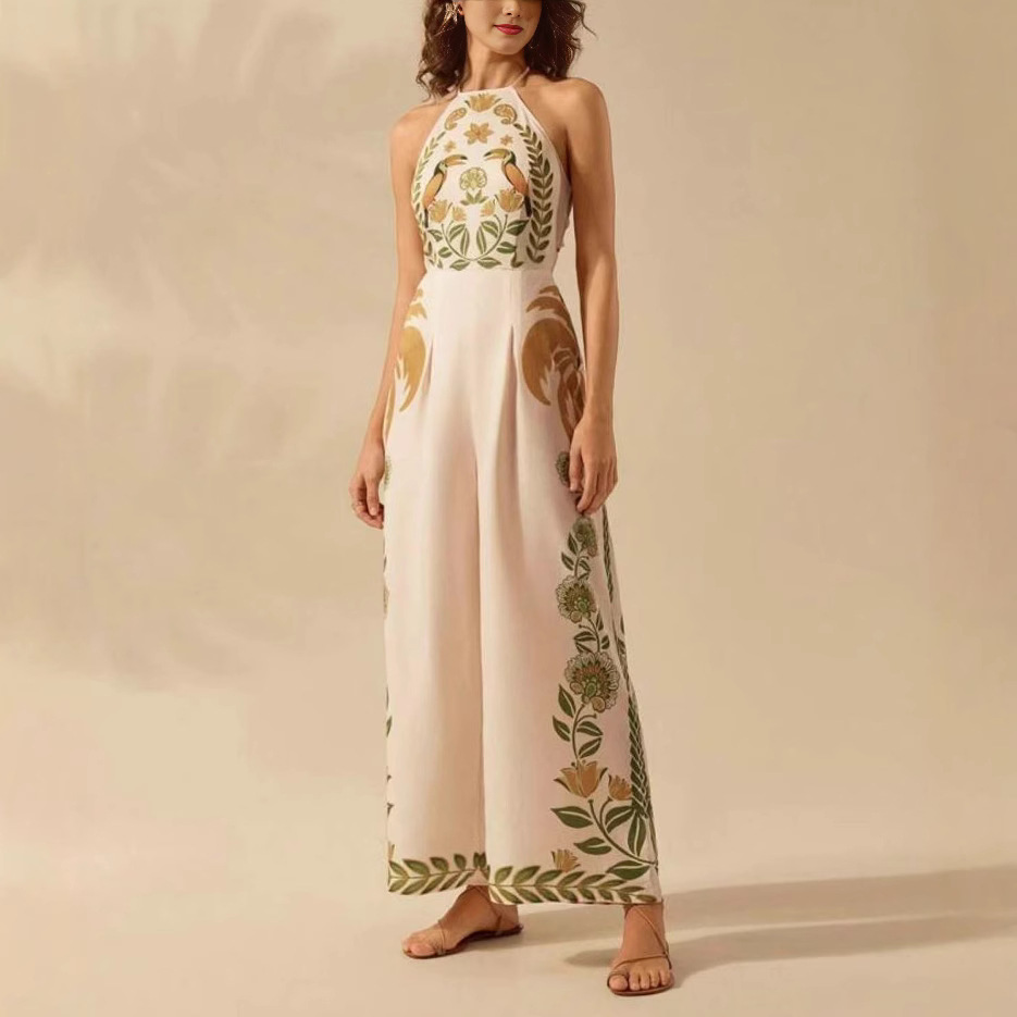 Sexy Printed Sleeveless Halter Neck Wide Leg Jumpsuit European American Style for Women Cross Border Independent Website_ecoleips.com