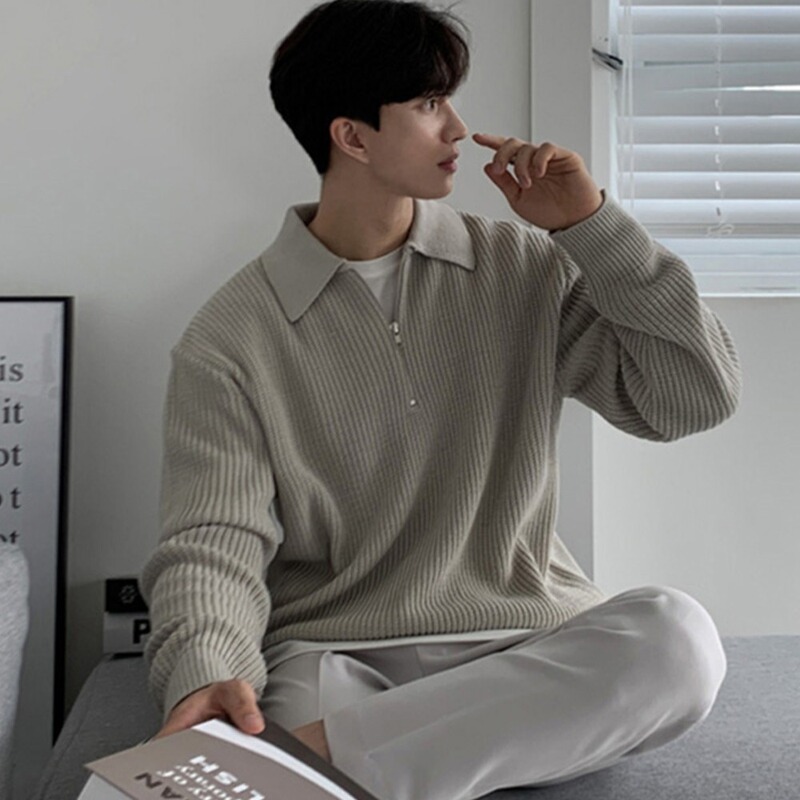 Half Zip Sweater Men's Autumn and Winter Japanese Style Retro Korean Style Lazy Style Lapel Knitted Sweater Loose Casual Sweater Trendy