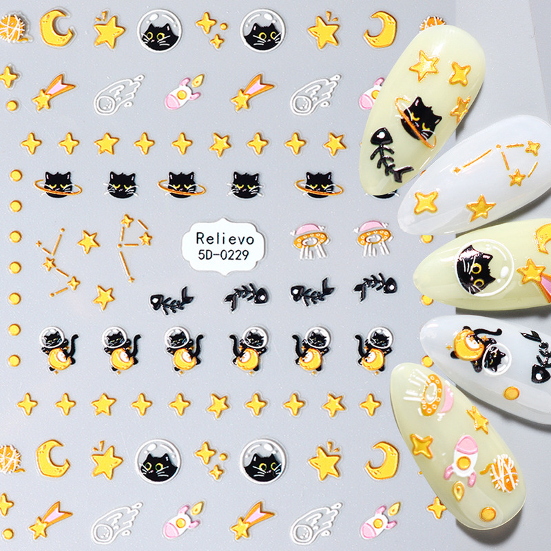 Cross-border new relief nail art stickers cute little black cat star Moon Space cartoon back glue nail stickers wholesale