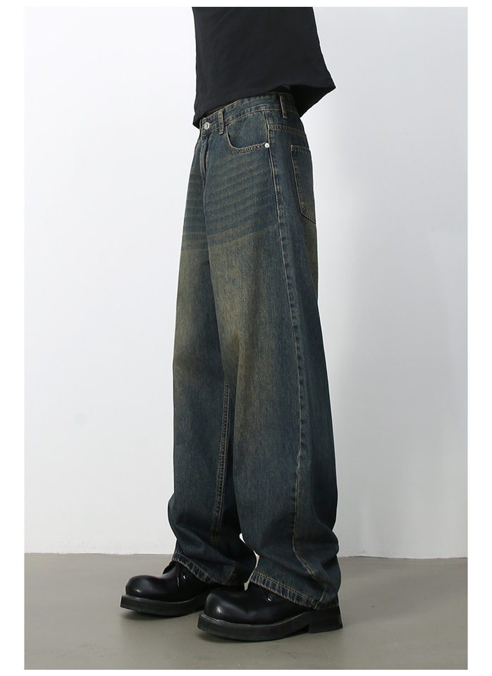Quần jean nam ống rộng dáng suông cạp vừa phong cách đường phố — Denim đen, Làm cũ, Màu trắng, Màu xanh lam chi tiết 13