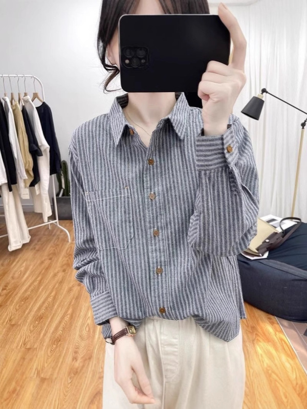 レトロな綿のストライプのシャツの女性の長袖の春秋の新型の韓国版はゆったりしていて痩せています。|undefined