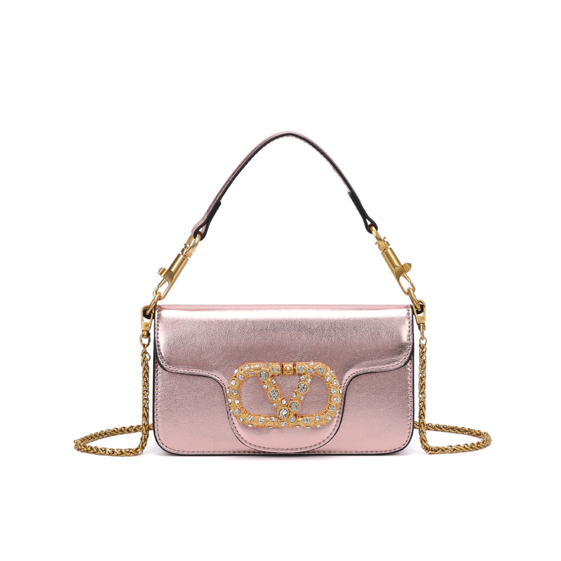 2026 New Metallic Pink Sparkling Diamond Baguette Bag, Light Luxury High-End Chain Small Bag, Single Shoulder Crossbody Underarm Women's Bag