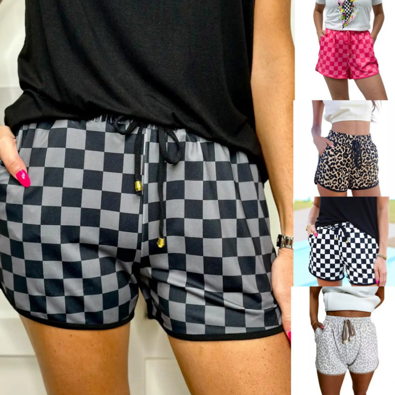 Independent Website Cross-Border Hot-Selling Spring New Drawstring Casual Pants for Women, European and American Fashion Versatile Plaid Print