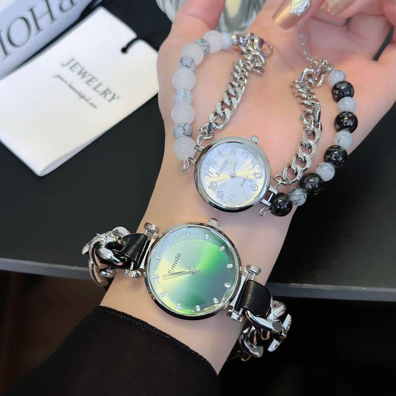 Sweet Cool Fashion Watch Bracelet Women's Distinctive Leather Wrap Beaded Double-Layer Elegant Girlfriend Bracelet Accessories Trendy