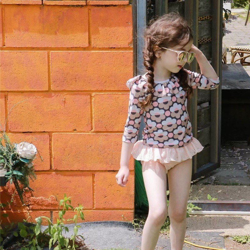 Korean Kidsren's Swimsuit Sun Protection Girl Split Cute Princess Flower Hot Spring Swimsuit Small and Medium-sized Kidsren's Vacation Swimsuit