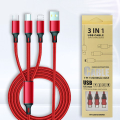 ナイロン編組一モップ三データ線多頭2a快充三合一携帯電話充電線ロゴ小プレゼント卸売り